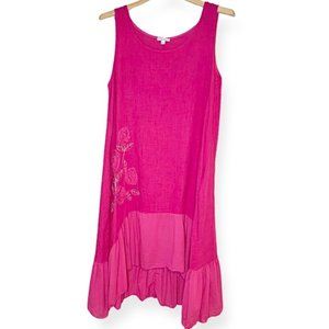 Cristina Vergani Italian Linen Blend w/ Embroidered Rosettes Pink Midi Dress